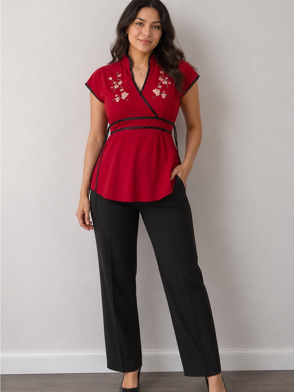 Embroidered Red Wrap-Front Women’s Top Beautiful kimono-style blouse 🌹